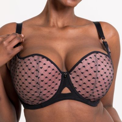 Curvy Kate Boost Heartbreaker UW Padded Balcony Bra Black/Pink Underwired, padded push up balcony bra with heart pattern. 65-100, E-M CK-092-106-BPK