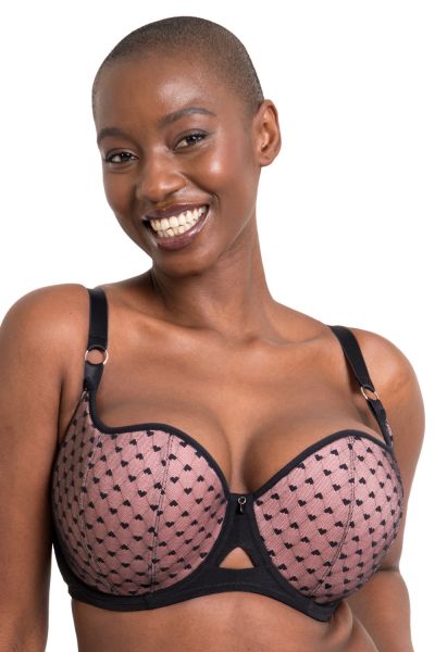 Curvy Kate Boost Heartbreaker UW Padded Balcony Bra Black/Pink Underwired, padded push up balcony bra with heart pattern. 65-100, E-M CK-092-106-BPK