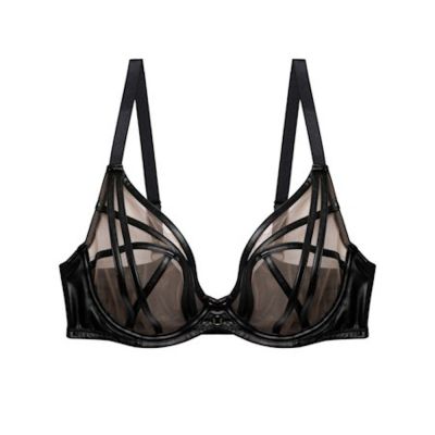 Playful Promises Ramona UW Strap & Mesh Bra Black Leatherette Underwired, non-padded mesh bra with strap detailing. 65-100, D-K PP-3220-L